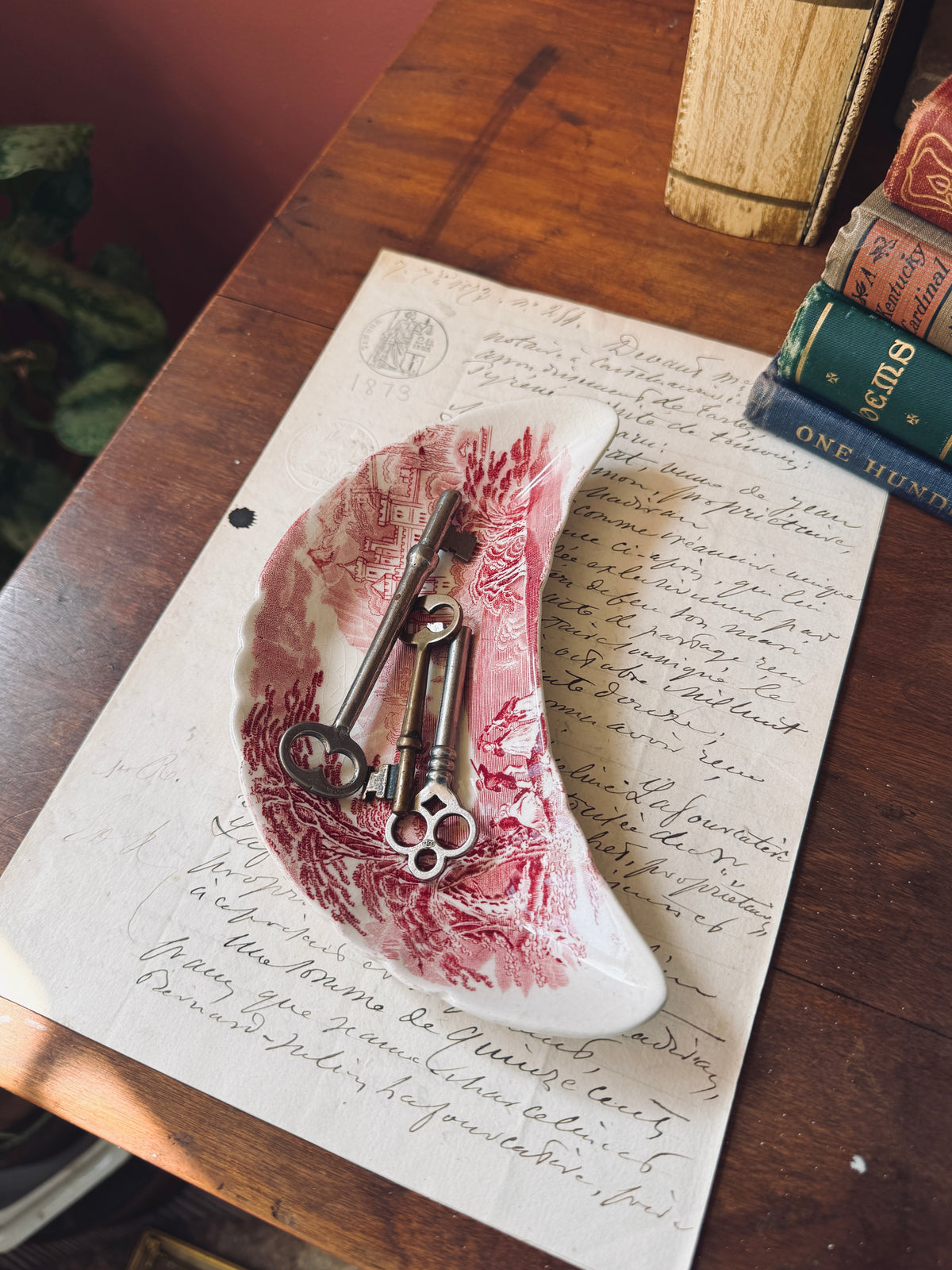 Vintage red and white Transferware bone dish