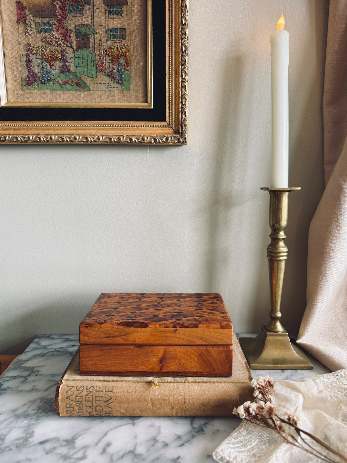 Handcrafted wooden burl wood box with intricate inlay lid