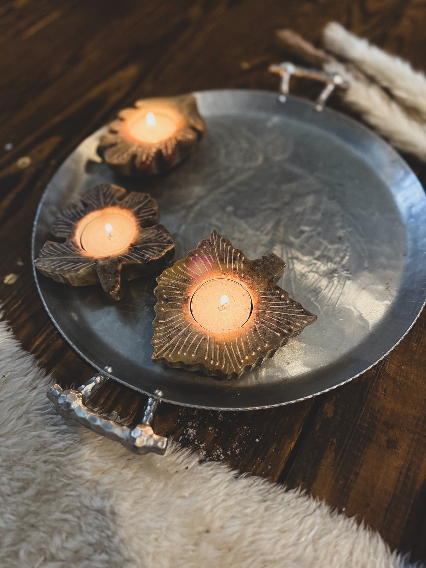 Set of Three Soapstone Leaf Shaped tea light holders