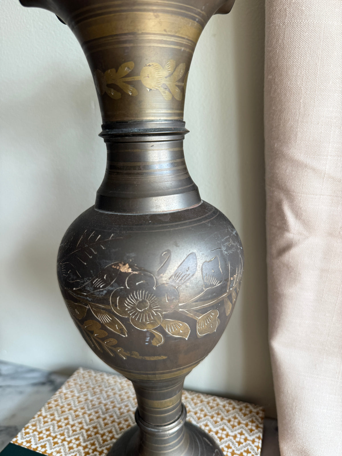 Extra large hand etched brass vase with scalloped edge