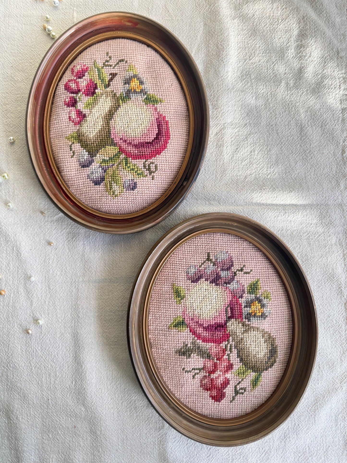 Pair of Vintage framed fruit needlepoints