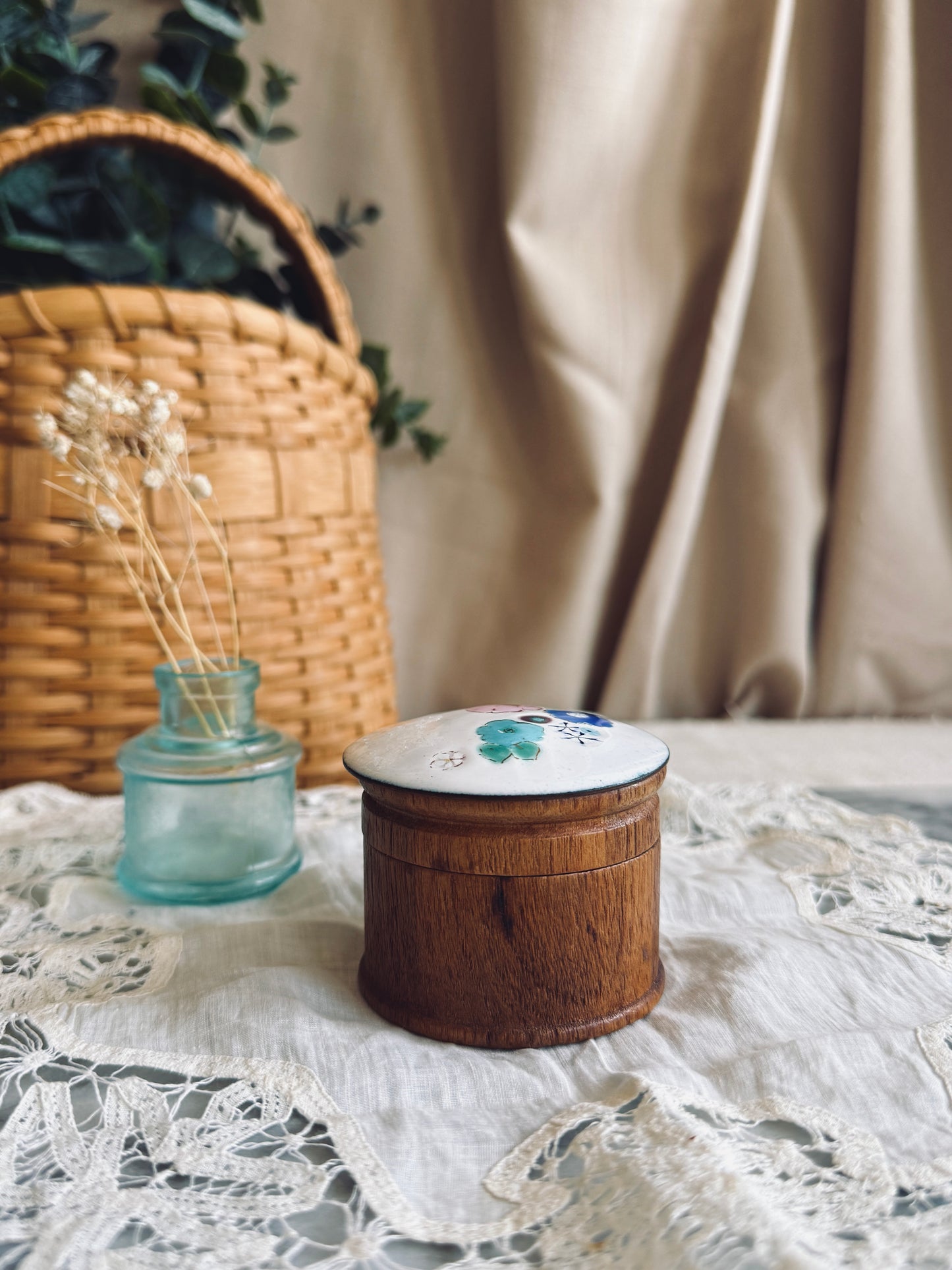 Small floral enamel and wood trinket box