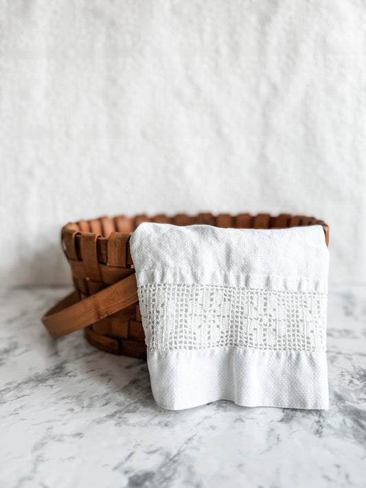 Vintage White cotton towel with crocheted/woven motif