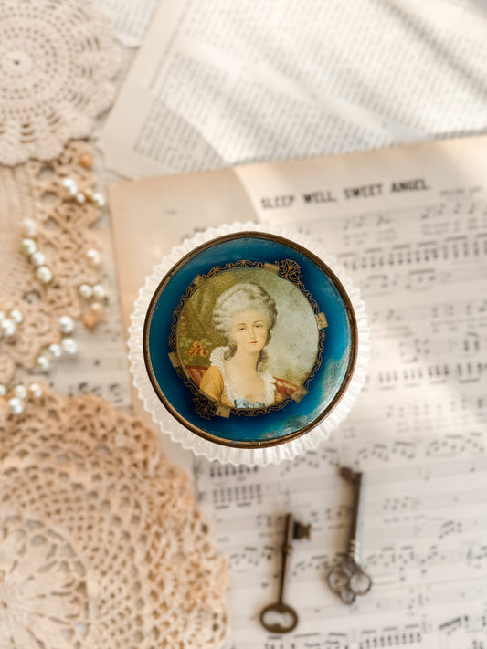 Large antique glass lidded dresser jar with portrait