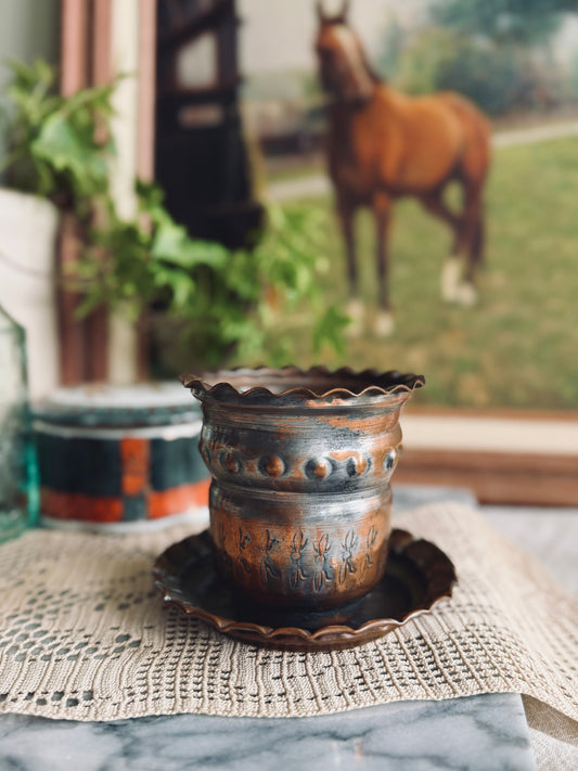 Copper planter and saucer with hand etched design