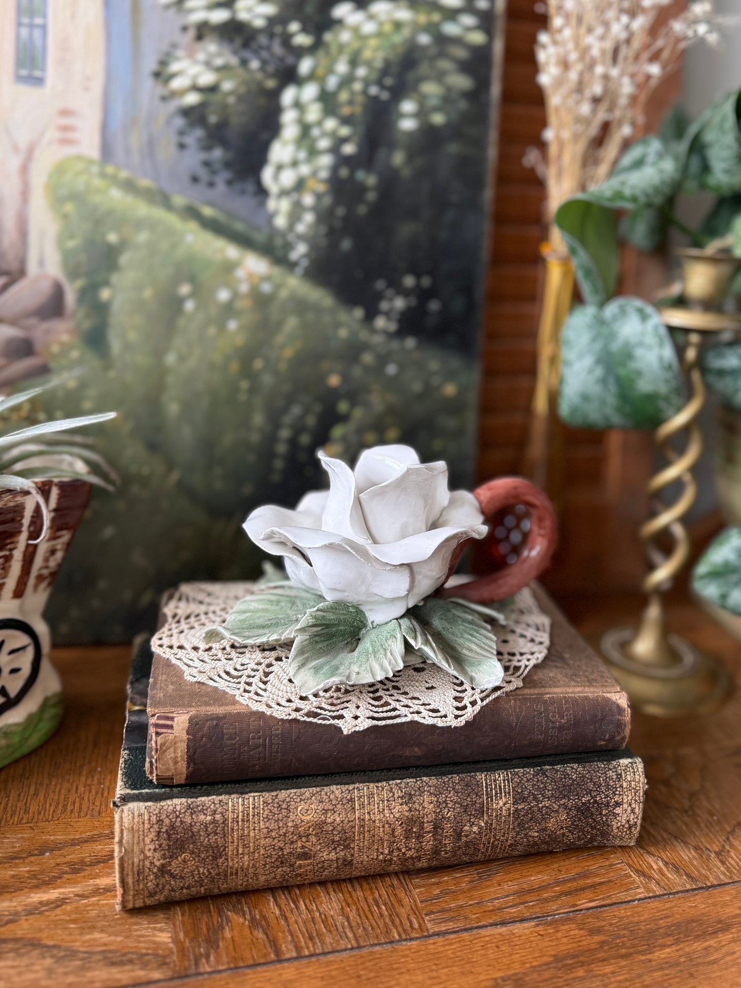 Italian White Rose Capodimonte Candle Holder