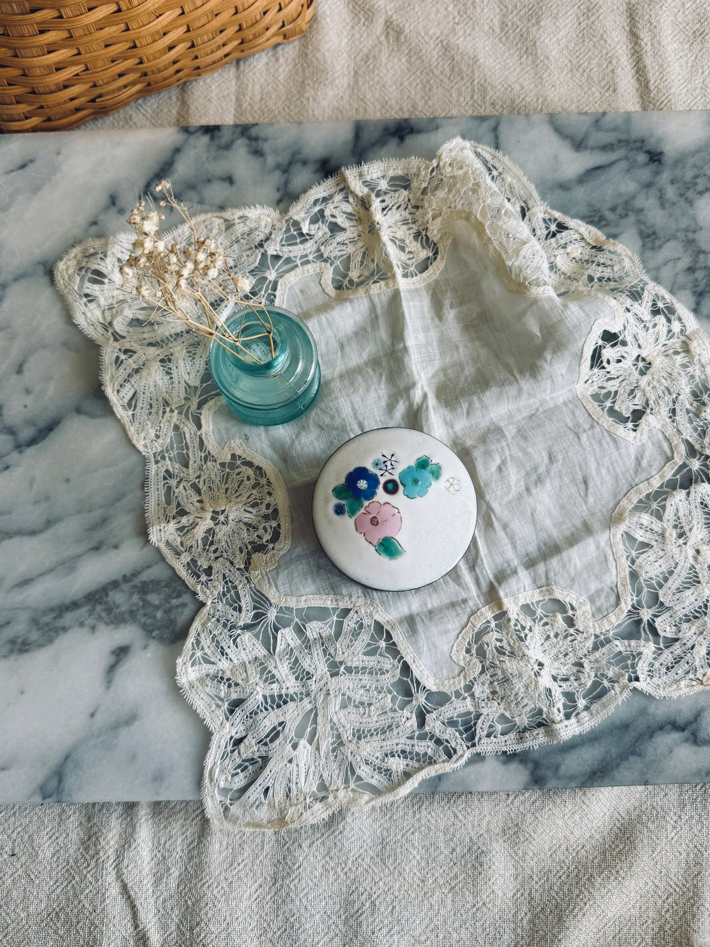 Small floral enamel and wood trinket box