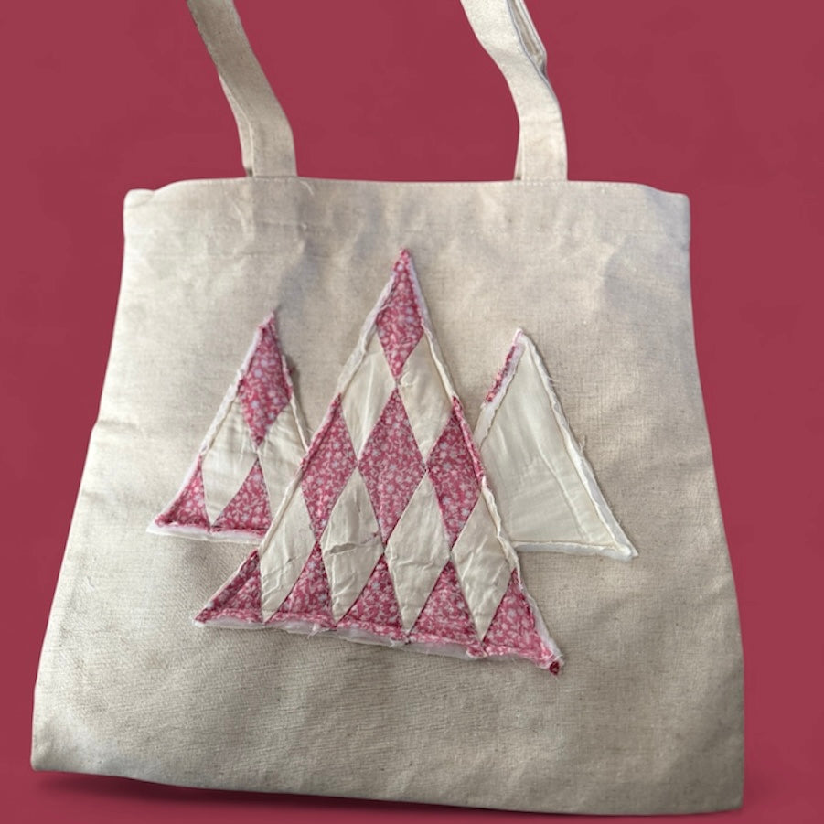 Repurposed Tote bag with appliquéd Christmas Trees and magnetic closure