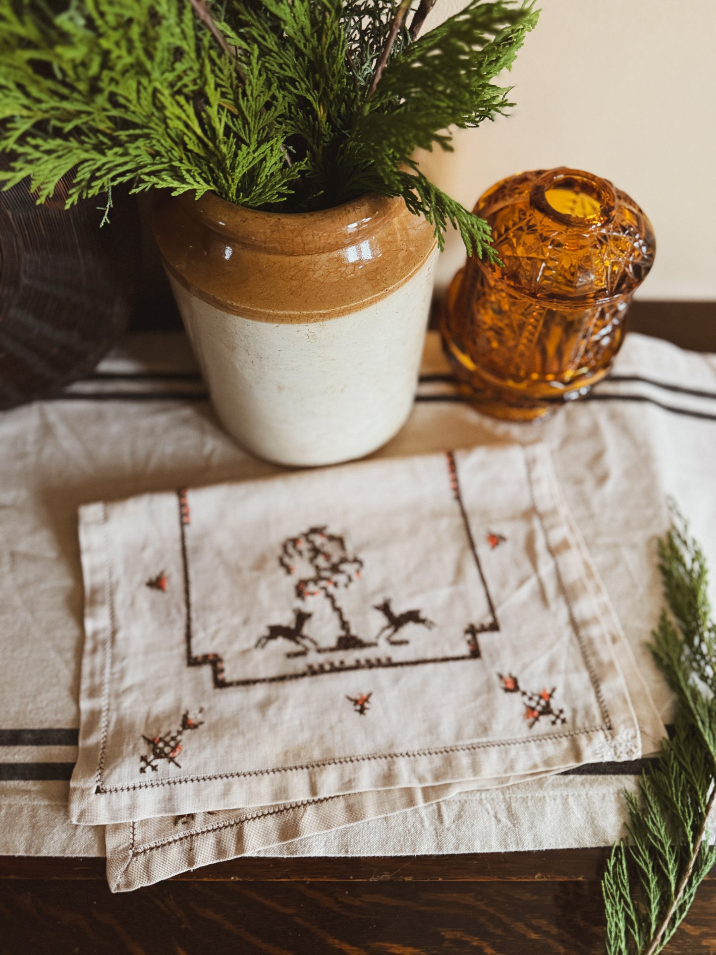 Hand Embroidered folk art table runner with deer