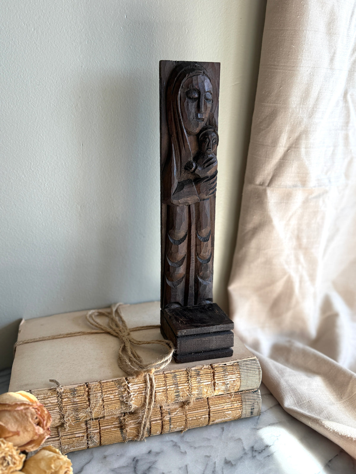 Hand carved wooden Madonna and child