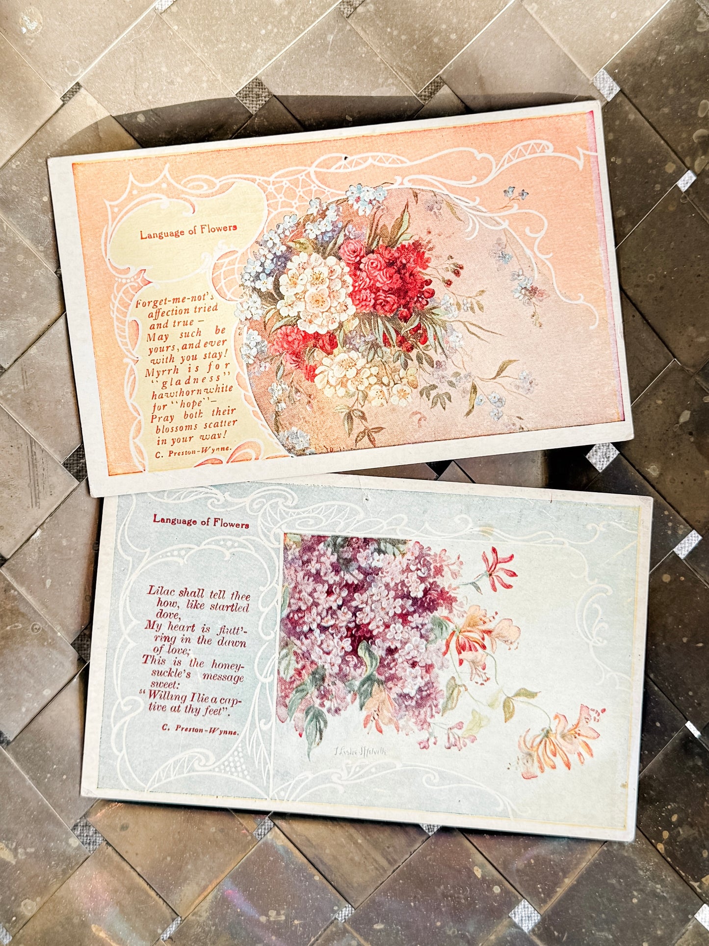 Set of 4 antique blank “Language of Flowers” floral postcards
