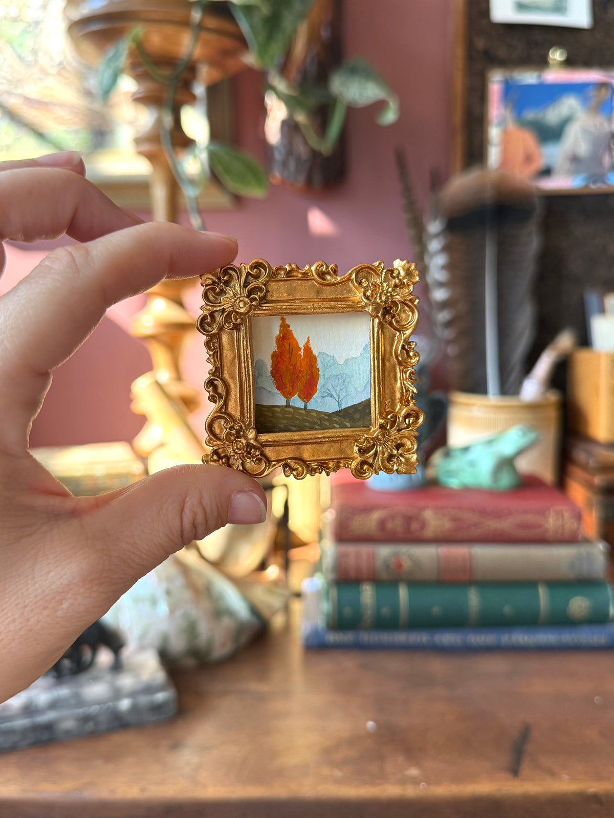 Original mini fall scene artwork in resin gold frame