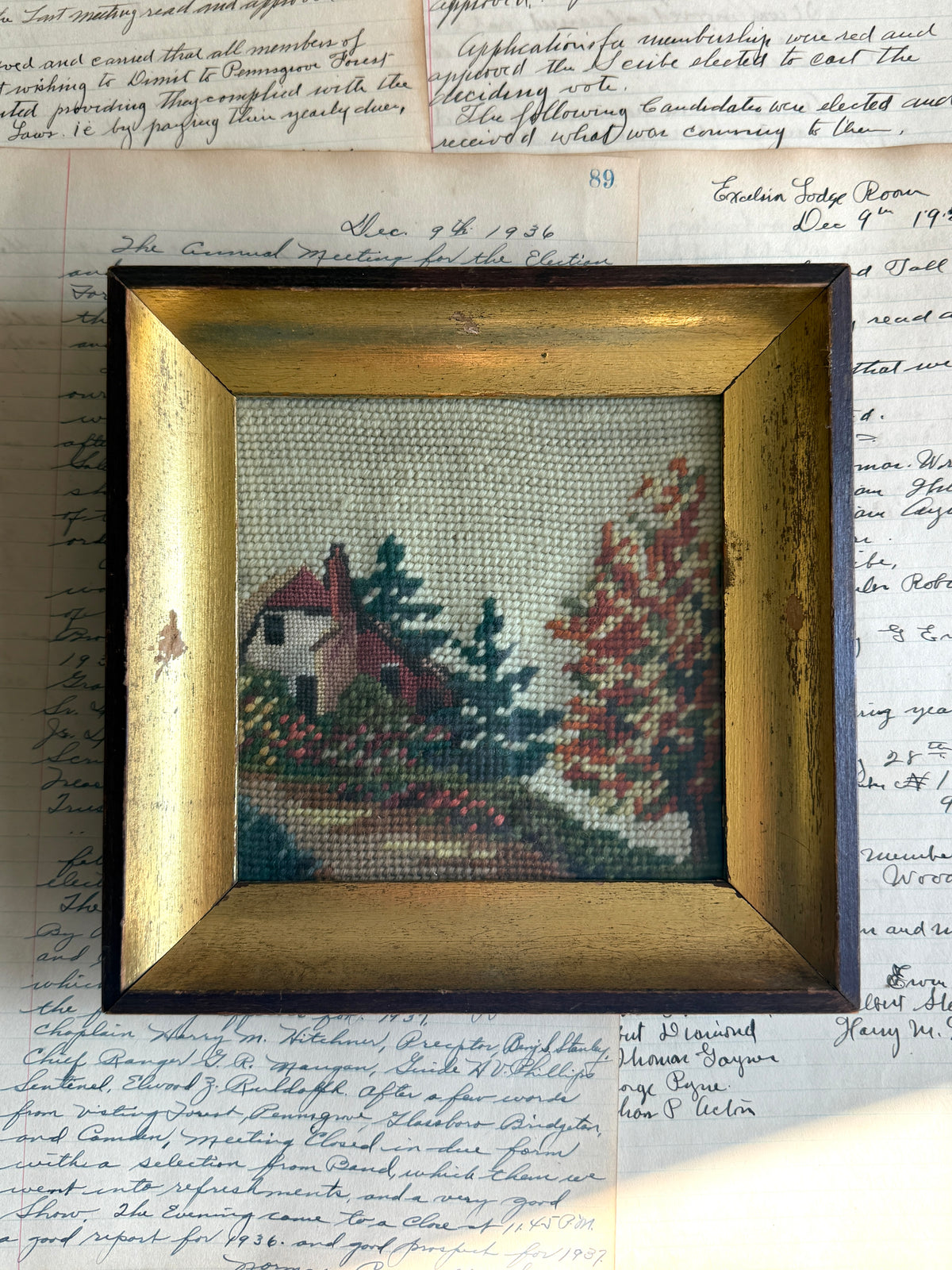 Vintage fall scene needlepoint in gold frame