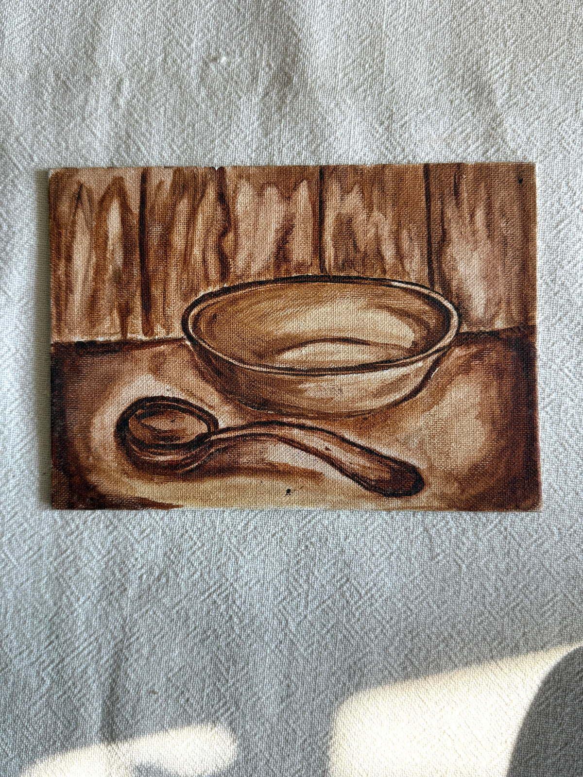 Small sepia toned still life painting on board