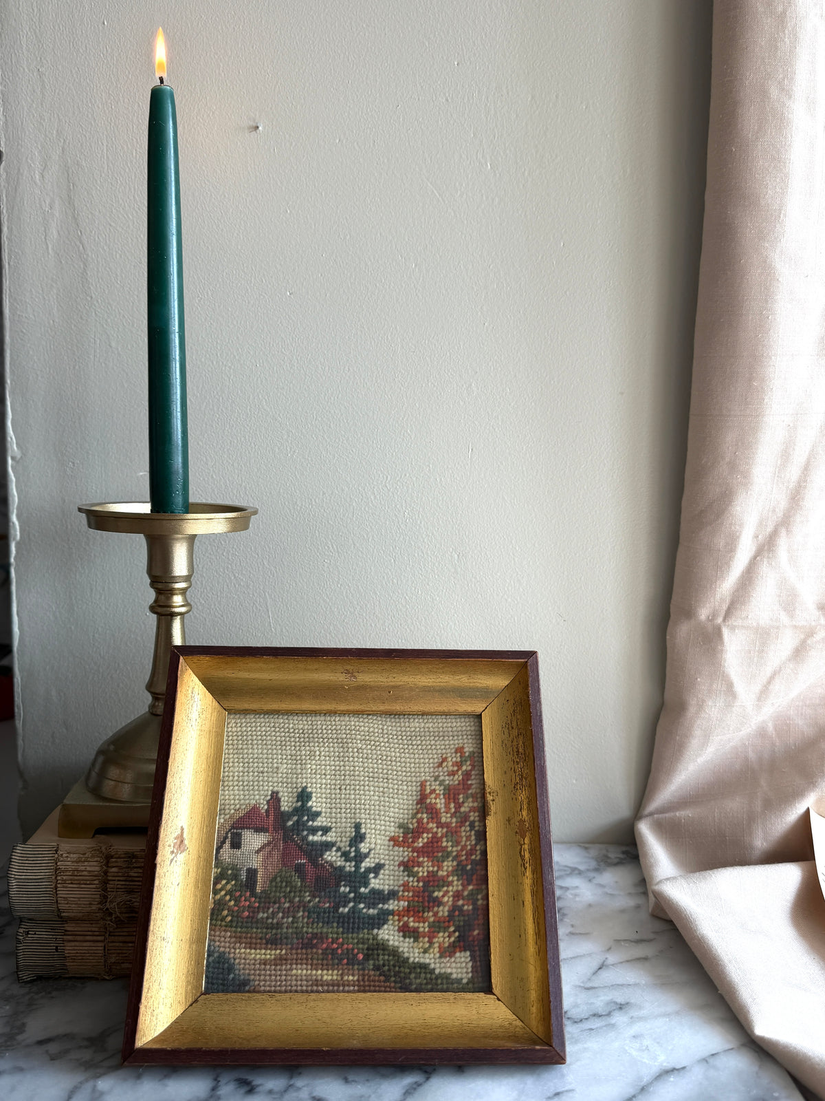 Vintage fall scene needlepoint in gold frame