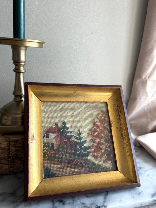 Vintage fall scene needlepoint in gold frame
